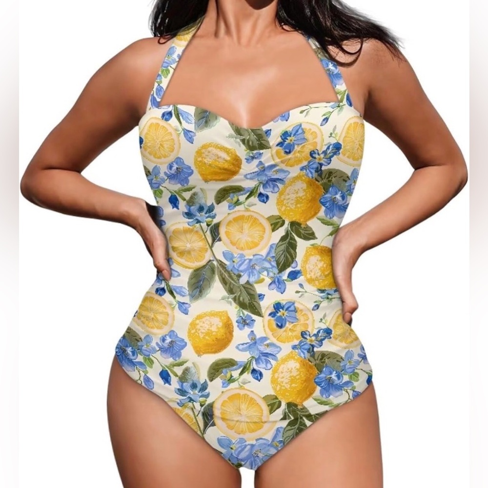 New Women’s Lemon Floral One Piece Underwire Swimsuit w/ matching Wrap / Large